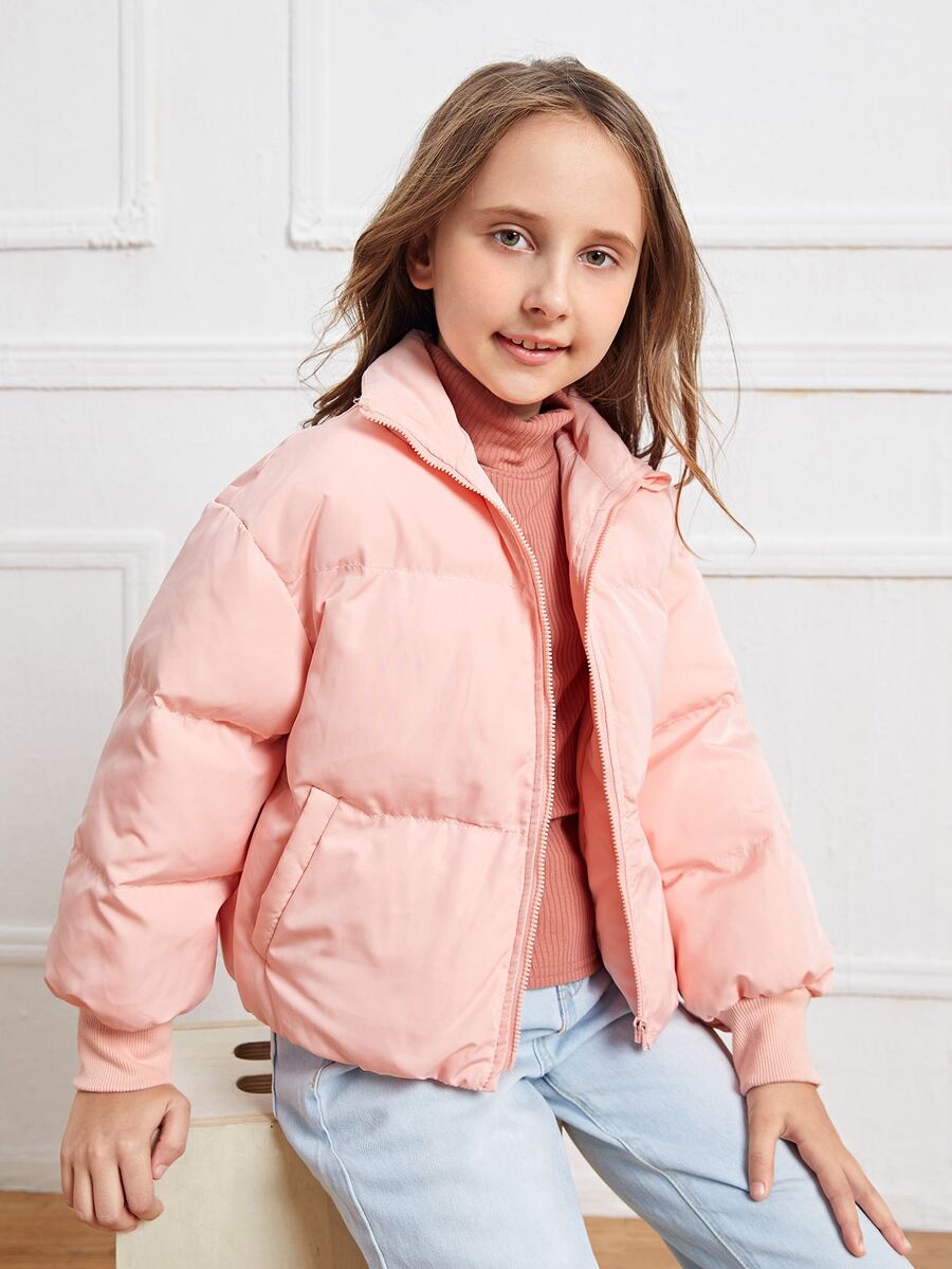 SHEIN Girls Zipper Front Puffer Jacket - Coral Pink - View 1