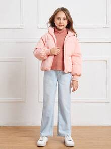 SHEIN Girls Zipper Front Puffer Jacket - Coral Pink - View 3