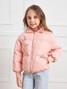 SHEIN Girls Zipper Front Puffer Jacket - Coral Pink - View 4