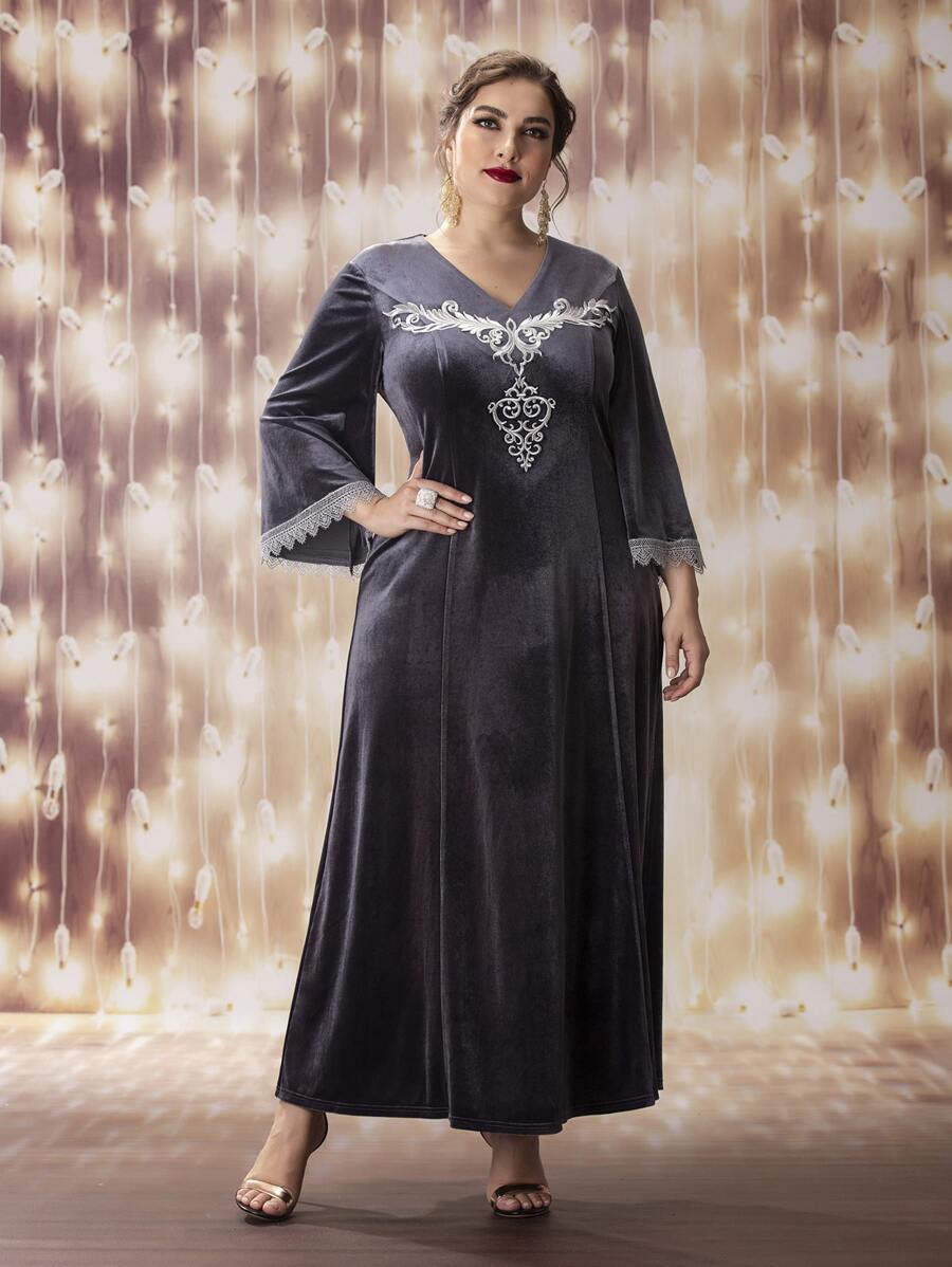 Đầm Plus Size Nghề thêu Đồ họa Khiêm tốn - Màu xám đen - Xem 1