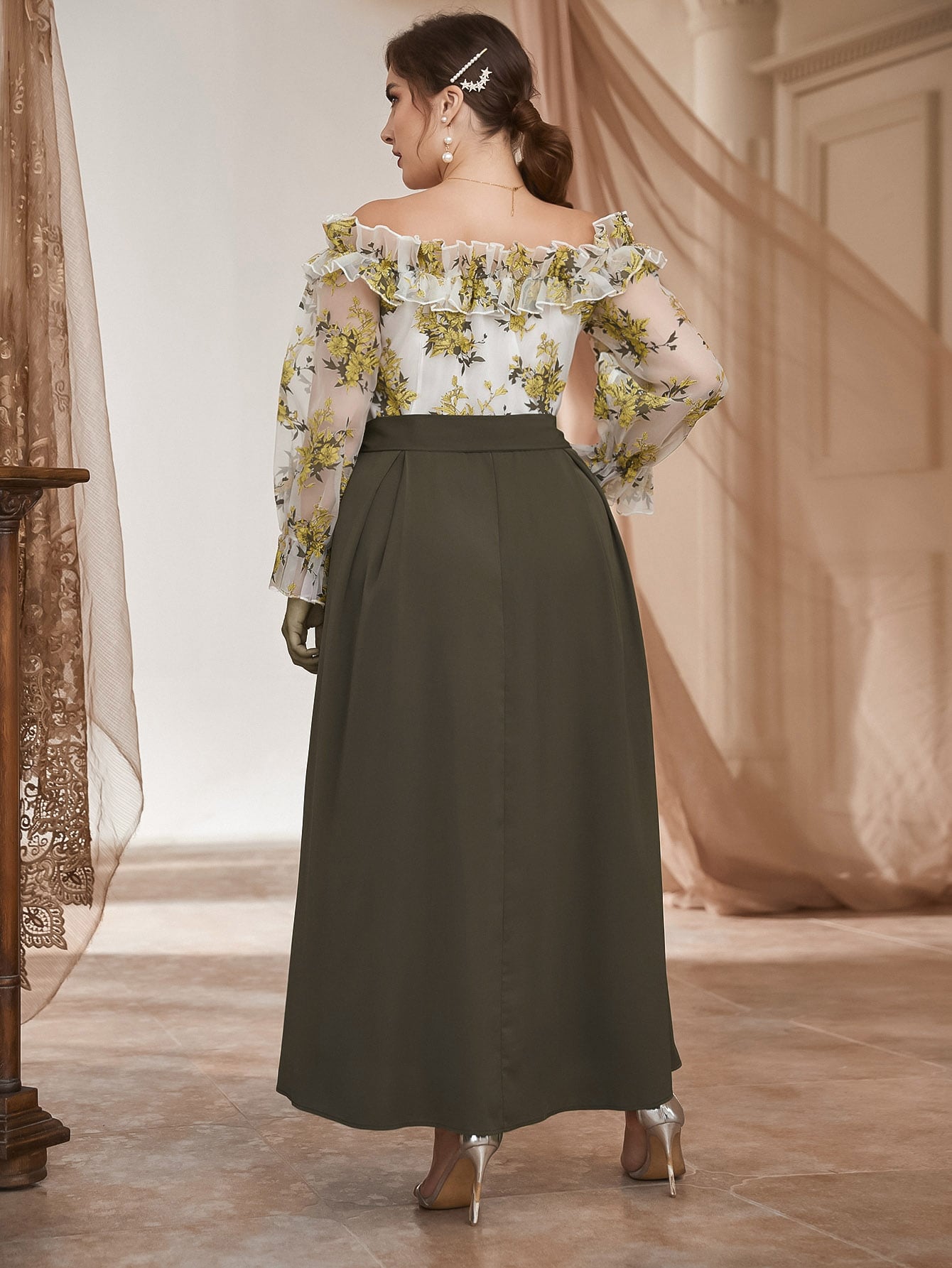 Plus Floral Print Off Shoulder Ruffle Trim Belted 2 In 1 Dress | SHEIN USA
