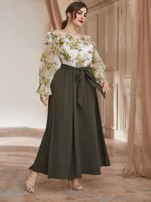 Plus Floral Print Off Shoulder Ruffle Trim Belted 2 In 1 Dress | SHEIN USA