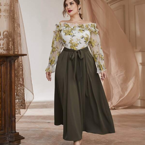 

Plus High Waist Fold Pleated Belted Skirt, Multicolor