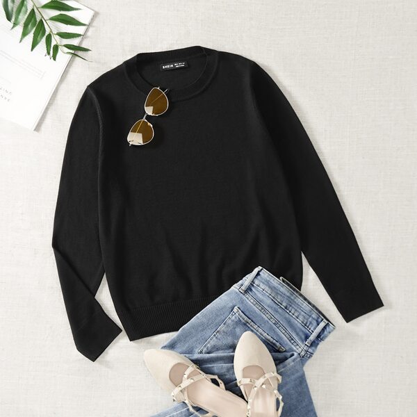 

Solid Round Neck Sweater, Black