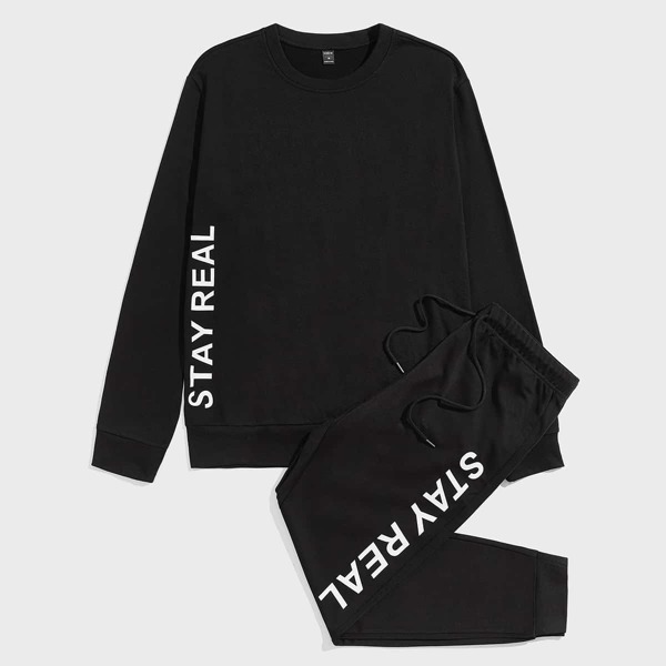

Men Letter Graphic Pullover and Drawstring Waist Joggers Set, Black