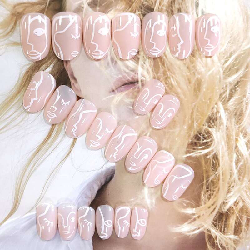 

24pcs Abstract Art Pattern Fake Nail, Baby pink