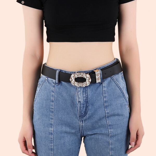

Rhinestone Decor Belt With Hole Punch, Black