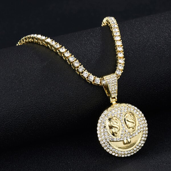 

Men Rhinestone Round Charm Necklace, Gold