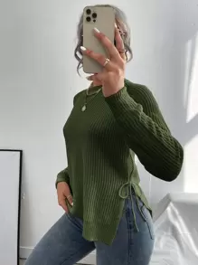 SHEIN LUNE Split Knot Side Raglan Sleeve Sweater,Long Sleeve Tops - Army Green - View 1