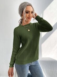 SHEIN LUNE Split Knot Side Raglan Sleeve Sweater,Long Sleeve Tops - Army Green - View 3
