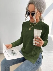 SHEIN LUNE Split Knot Side Raglan Sleeve Sweater,Long Sleeve Tops - Army Green - View 4