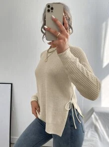 EMERY ROSE Jersey de manga raglán con abertura lateral anudada y bajo acanalado, Top de manga larga