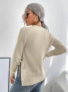 EMERY ROSE Jersey de manga raglán con abertura lateral anudada y bajo acanalado, Top de manga larga