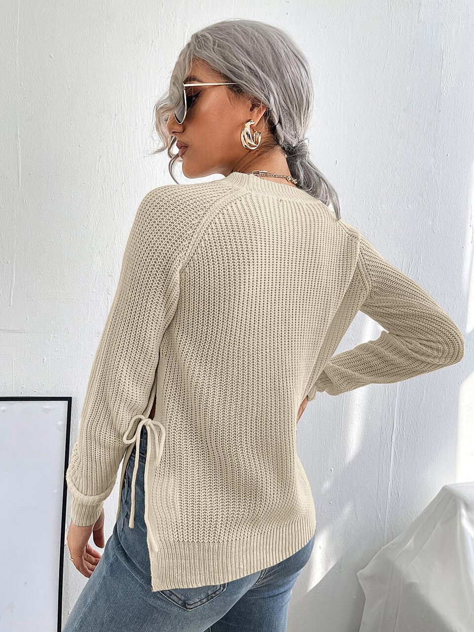 Ribbed Knit Knot Side Split Hem Raglan Sleeve Sweater,Long Sleeve Tops Knit Pullover Fall Winter
