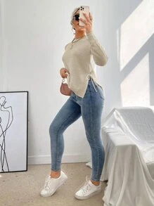 EMERY ROSE Jersey de manga raglán con abertura lateral anudada y bajo acanalado, Top de manga larga