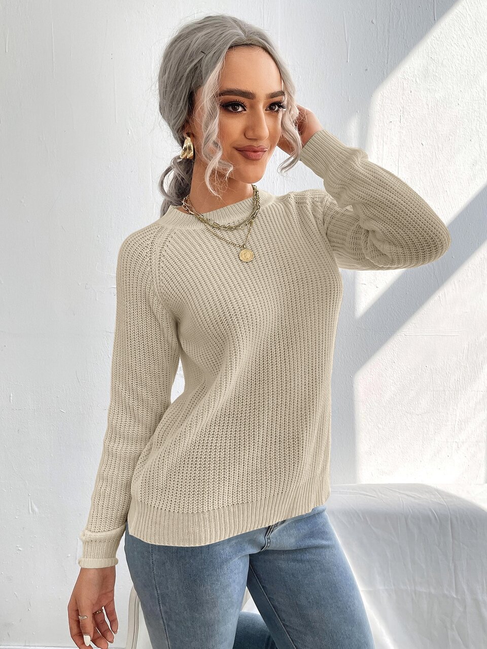 Ribbed Knit Knot Side Split Hem Raglan Sleeve Sweater,Long Sleeve Tops Knit Pullover Fall Winter