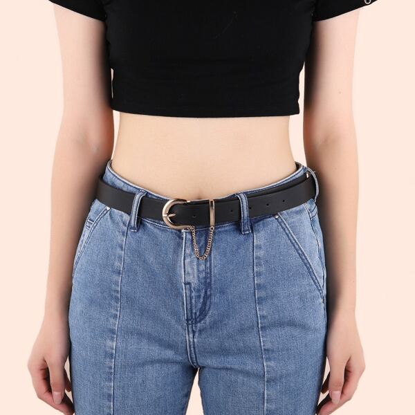

Chain Decor Belt With Hole Punch, Black