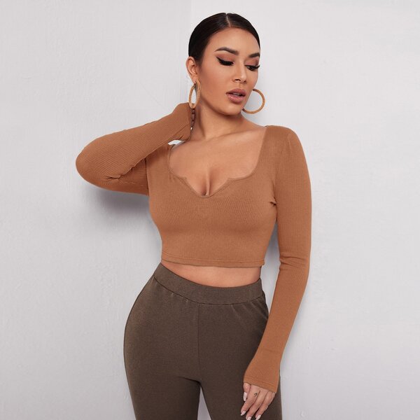 

Notch Neck Rib-knit Crop Tee, Orange