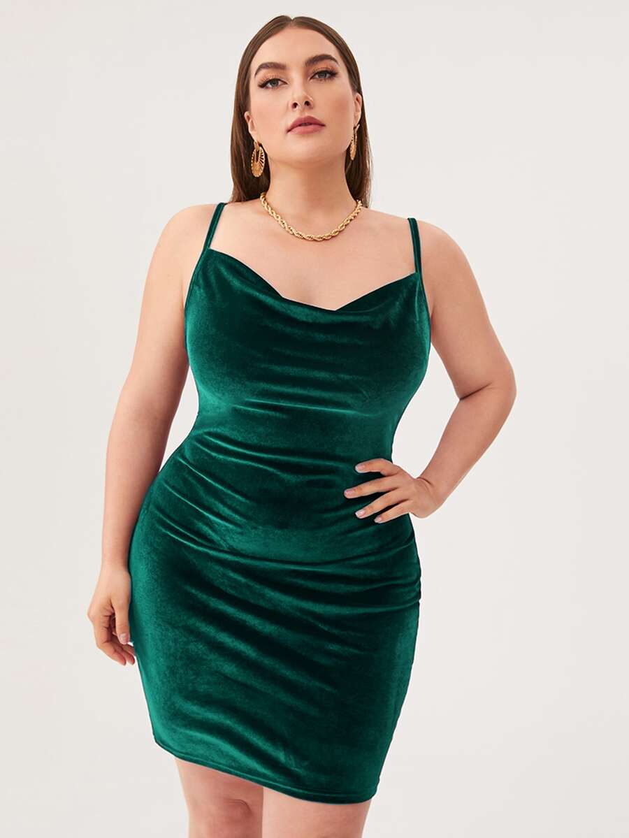 SHEIN Belle Plus Cowl Neck Velvet Bodycon Dress - Dark Green - View 1