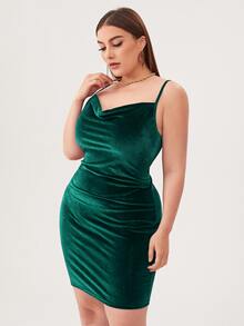 SHEIN Belle Plus Cowl Neck Velvet Bodycon Dress - Dark Green - View 3
