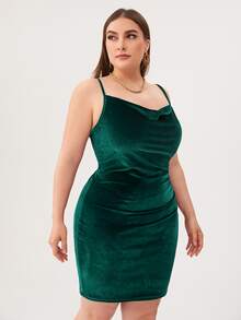 SHEIN Belle Plus Cowl Neck Velvet Bodycon Dress - Dark Green - View 4