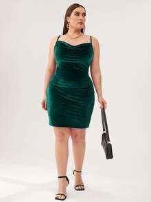 SHEIN Belle Plus Cowl Neck Velvet Bodycon Dress - Dark Green - View 5