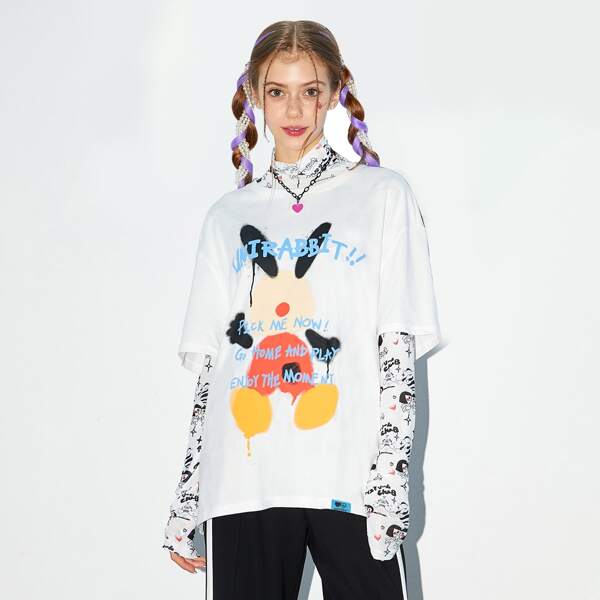 

Cartoon And Slogan Graphic Drop Shoulder Short Sleeve Tee, Multicolor