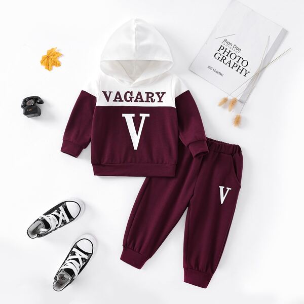 

Baby Letter Graphic Two Tone Hoodie & Sweatpants, Red and white