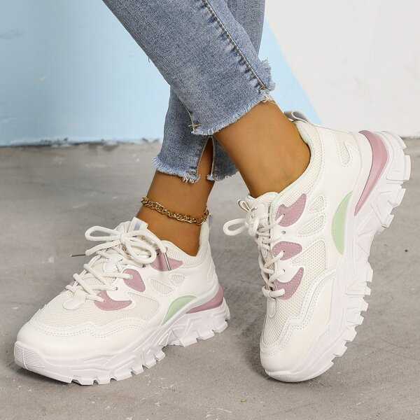 

Colorblock Breathable Lace-up Front Chunky Sneakers, Multicolor
