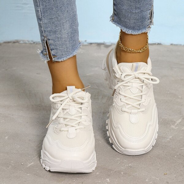 

Minimalist Breathable Lace-up Front Chunky Sneakers, White