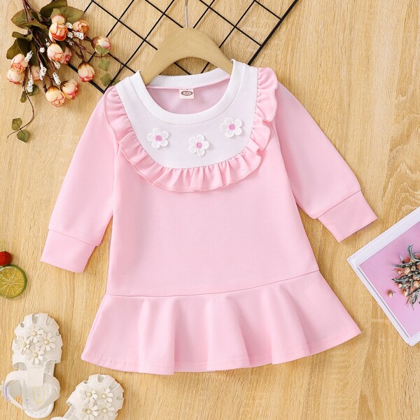 

Baby Flower Embroidered Applique Ruffle Trim Dress, Baby pink