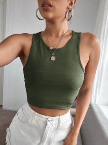 Nailea X SHEIN Solid Rib-Knit Crop Tank Top,Commute,Minimalist,Office,Old Money,Simple - Army Green - View 1