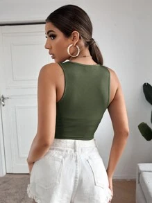 Nailea X SHEIN Solid Rib-Knit Crop Tank Top,Commute,Minimalist,Office,Old Money,Simple - Army Green - View 2