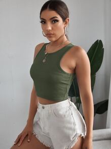 Nailea X SHEIN Solid Rib-Knit Crop Tank Top,Commute,Minimalist,Office,Old Money,Simple - Army Green - View 3
