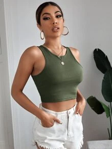 Nailea X SHEIN Solid Rib-Knit Crop Tank Top,Commute,Minimalist,Office,Old Money,Simple - Army Green - View 5