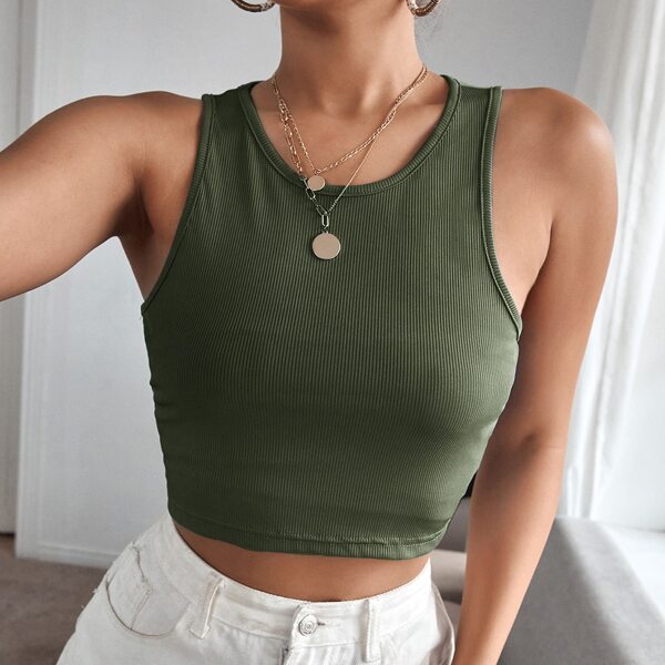 

Solid Rib-knit Crop Tank Top, Olive green