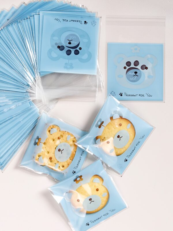 100pcs Self-Adhesive Plastic Biscuit Bag,Cute Cartoon Bear Graphic Disposable Packaging Bag School Supplies Food Bag Food Box Suitable For Candy Chocolate Cookies Etc.