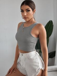 SHEIN EZwear Top tank unicolor corto tejido de canalé - Gris - Ver 3