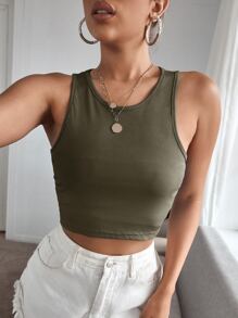 SHEIN EZwear Top tank corto tejido de canalé unicolor - Verde Oliva - Ver 1