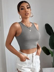 SHEIN EZwear Top tank unicolor corto tejido de canalé - Gris - Ver 5