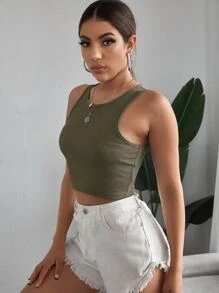 SHEIN EZwear Top tank corto tejido de canalé unicolor - Verde Oliva - Ver 3