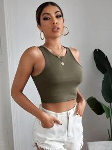 SHEIN EZwear Top tank corto tejido de canalé unicolor - Verde Oliva - Ver 5
