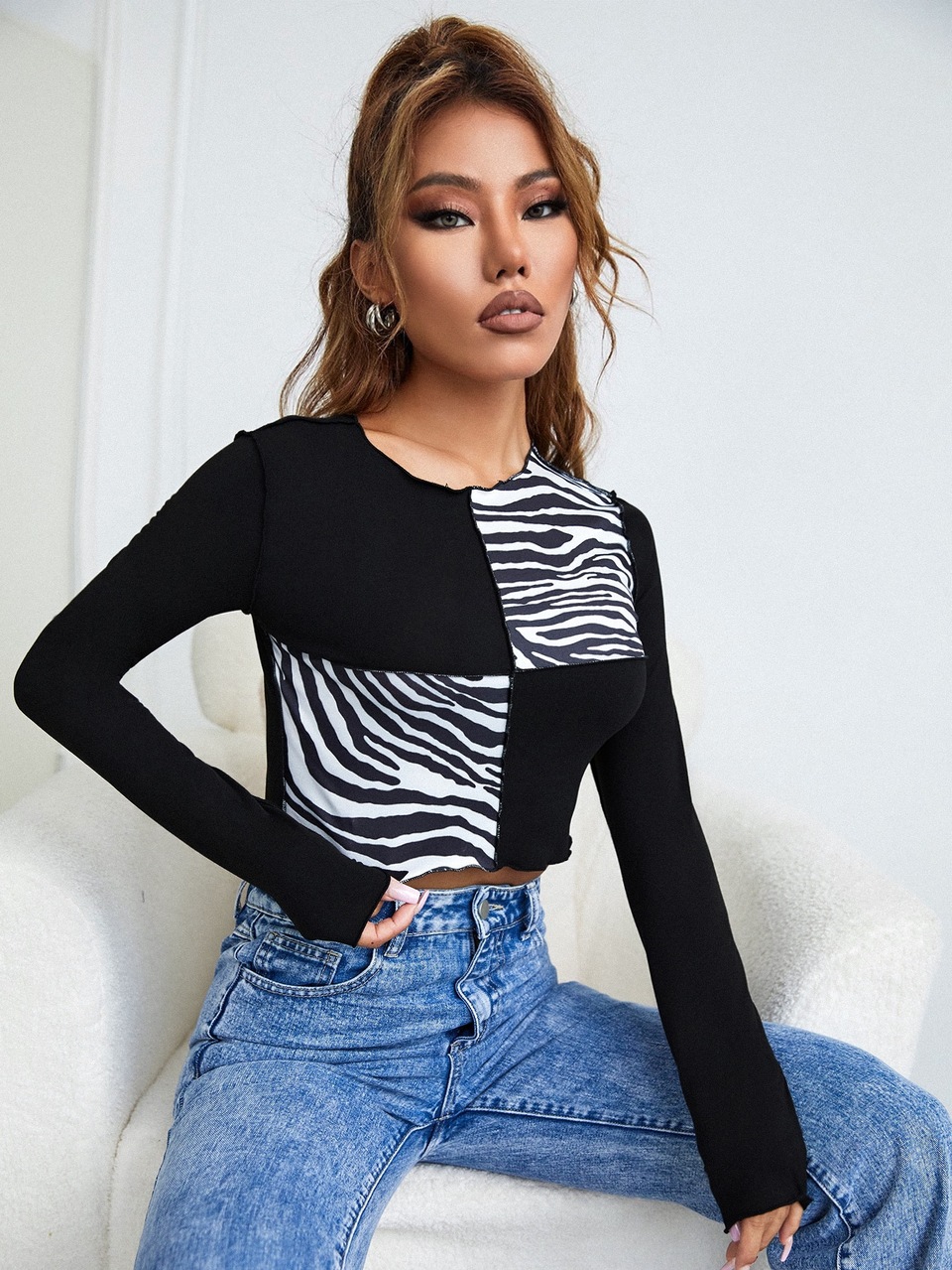 Contrast Stitch Zebra Striped Crop Tee