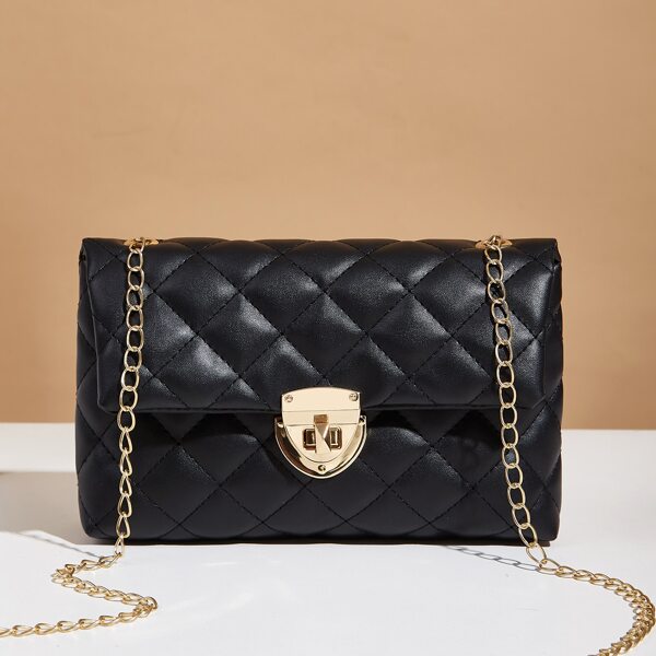 

Quilted Embossed Flap Chain Bag, Black