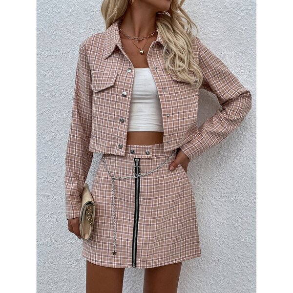 

Flap Detail Plaid Jacket & Zipper Front Skirt Set, Multicolor