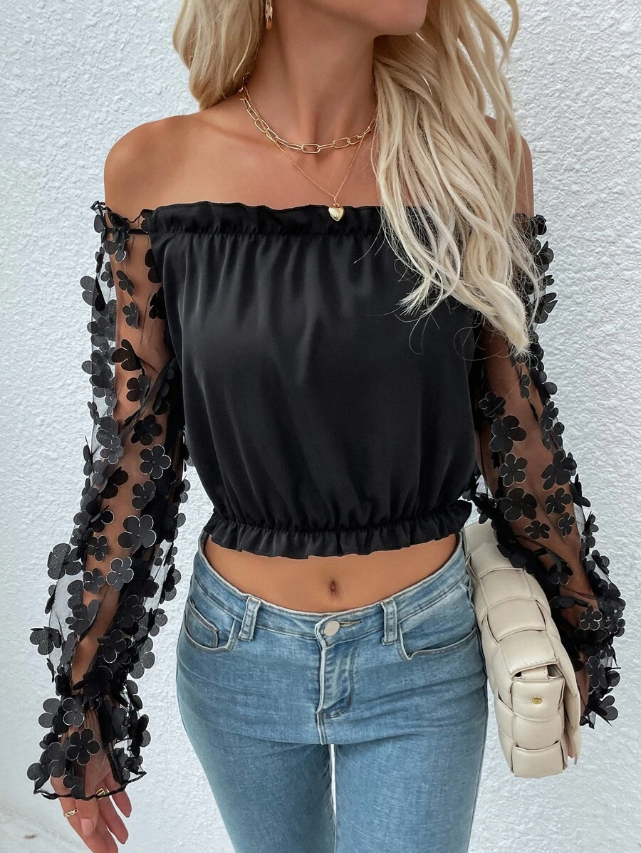 Off The Shoulder Ruffle Trim Floral Applique Sleeve Blouse - Black - View 1