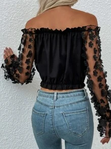 Off The Shoulder Ruffle Trim Floral Applique Sleeve Blouse - Black - View 2