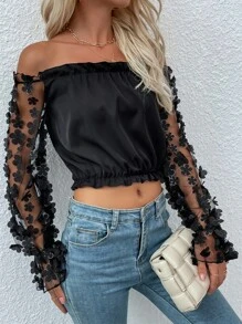 Off The Shoulder Ruffle Trim Floral Applique Sleeve Blouse - Black - View 3