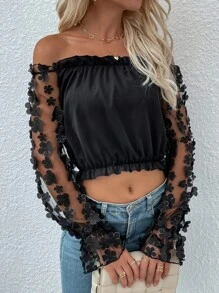 Off The Shoulder Ruffle Trim Floral Applique Sleeve Blouse - Black - View 4