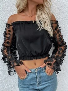 Off The Shoulder Ruffle Trim Floral Applique Sleeve Blouse - Black - View 5